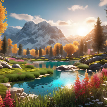 wide landscape with trees and lakeの素材