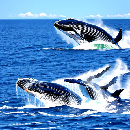 Giant whales swim through the sea and jump out of the waterの素材