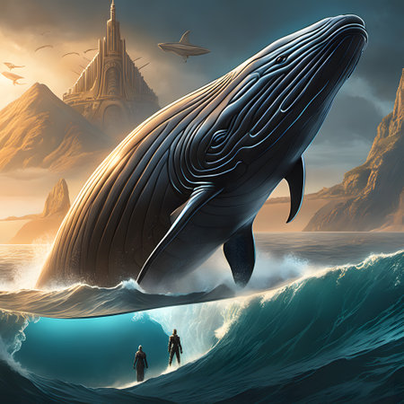 Giant whales swim through the sea and jump out of the waterの素材