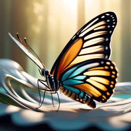 colorful butterfly flutters around the flowersの素材