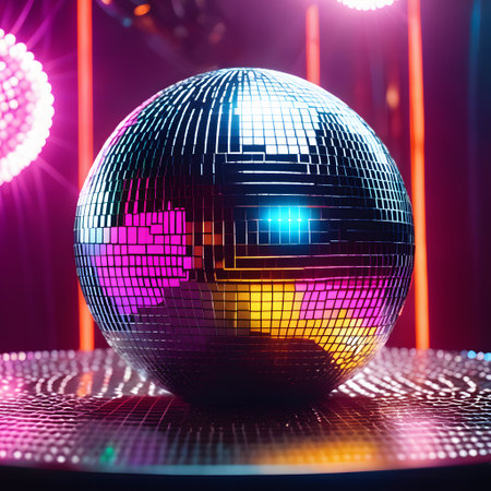Disco balls are shiny from colorful lightの素材