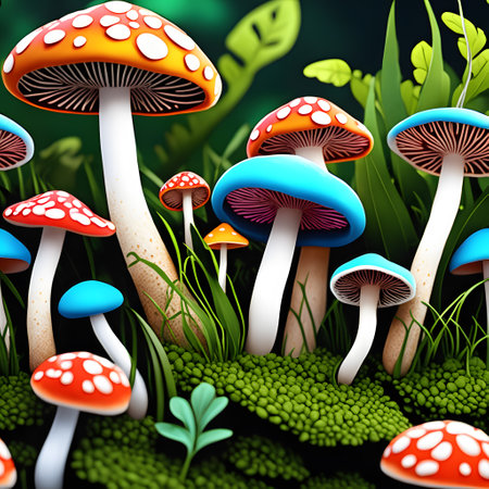 beautiful colored mushrooms on forest floorの素材