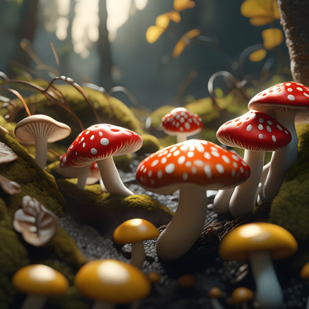 beautiful colored mushrooms on forest floorの素材