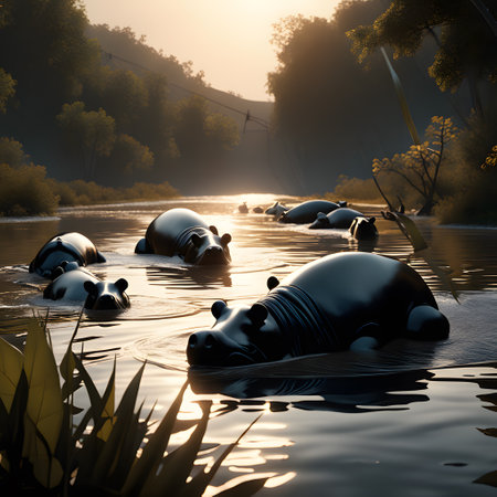 hippos in river water by bathingの素材