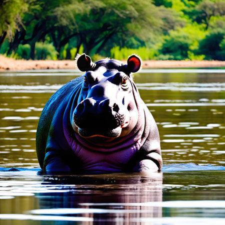 hippos in river water by bathingの素材