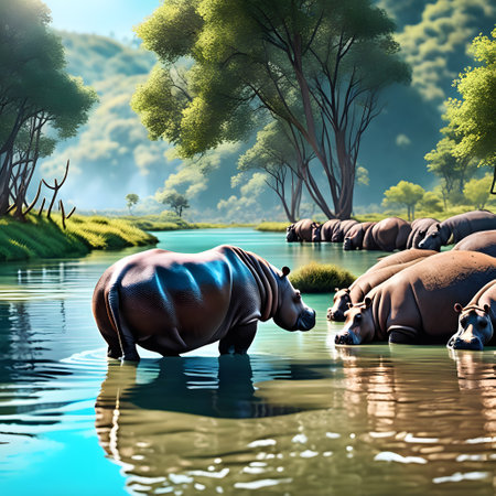 hippos in river water by bathingの素材