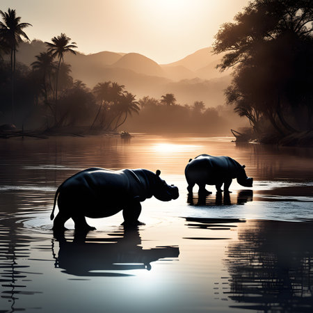 hippos in river water by bathingの素材