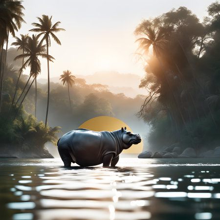 hippos in river water by bathingの素材