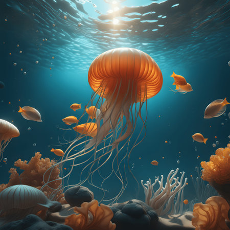 colored transparent jellyfishes in waterの素材