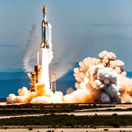 Space travel by rocket launch from earthの素材