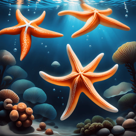 colorful starfish wandered on sea bed aroundの素材