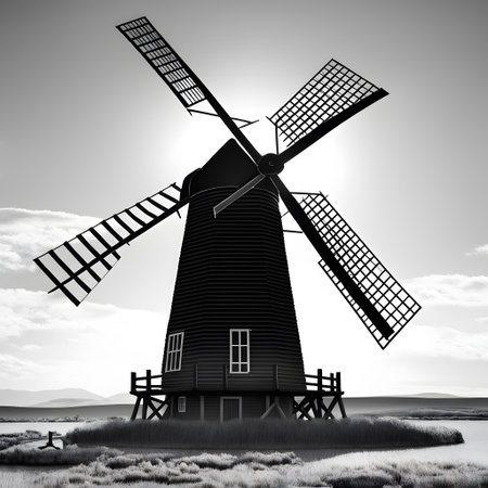 old windmill with wings under cloudy slyの素材