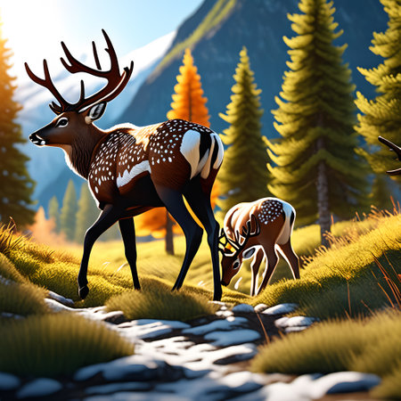 Deer with magnificent antlers roam through natureの素材