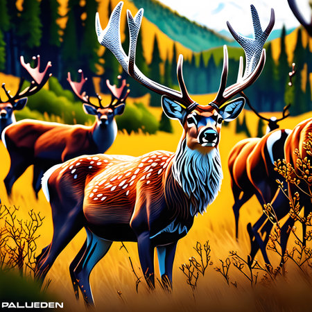 Deer with magnificent antlers roam through natureの素材