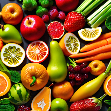 a lot of colored fruits on the tableの素材