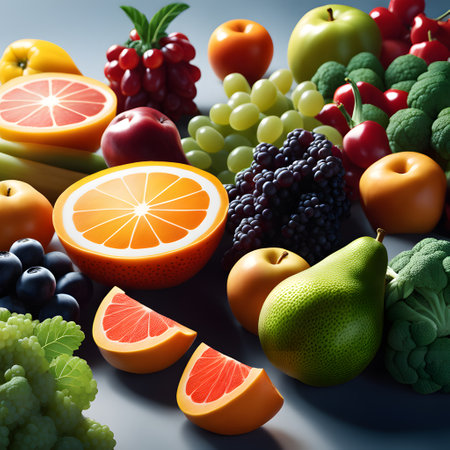 a lot of colored fruits on the tableの素材