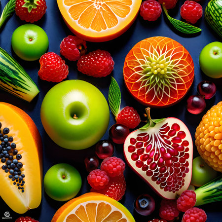 a lot of colored fruits on the tableの素材