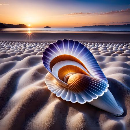 Shells on the sandy beach with mother of pearlの素材