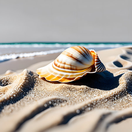 Shells on the sandy beach with mother of pearlの素材