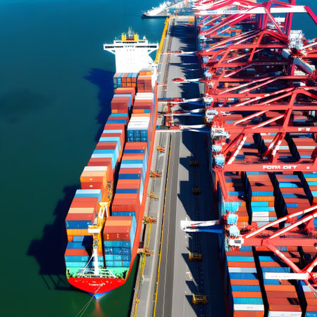 Container port with cranes and shipsの素材