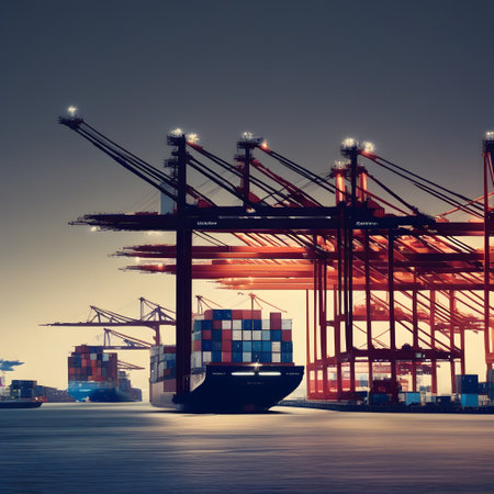 Container port with cranes and shipsの素材