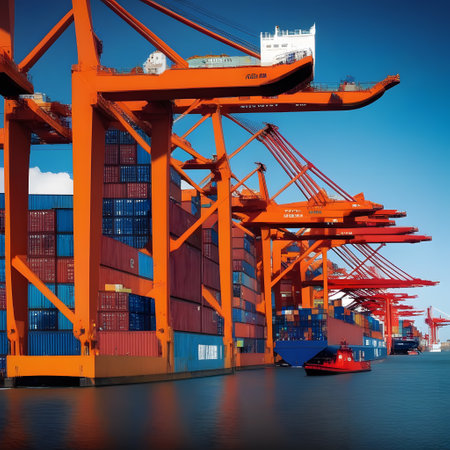 Container port with cranes and shipsの素材