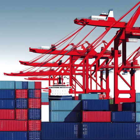 Container port with cranes and shipsの素材