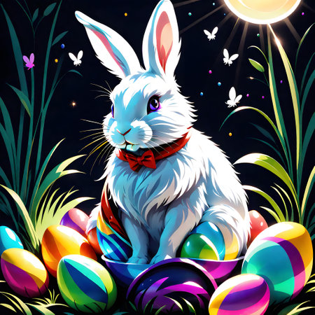 Easter bunnies with colorful eggs at Easterの素材