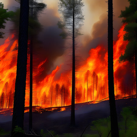Large forest fire with flickering flames reaching into the treetopsの素材