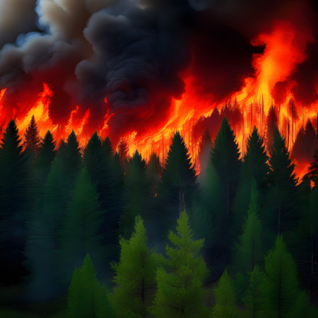 Large forest fire with flickering flames reaching into the treetopsの素材