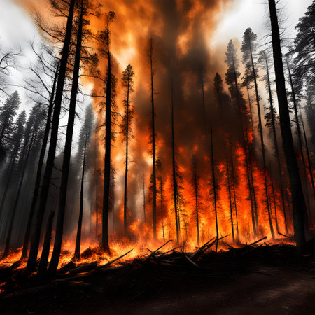 Large forest fire with flickering flames reaching into the treetopsの素材