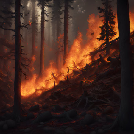 Large forest fire with flickering flames reaching into the treetopsの素材