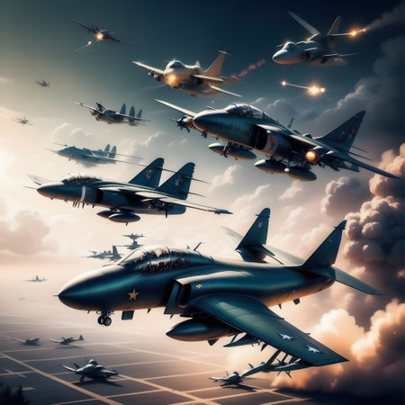 Military aircraft roam the sky for air combatの素材
