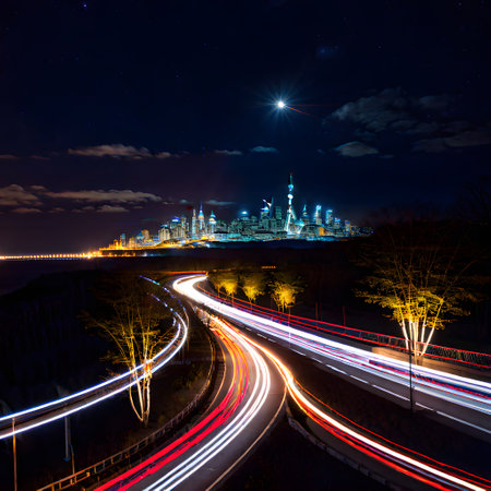Night light trails in urban trafficの素材