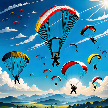 Skydivers and paragliders in the skyの素材