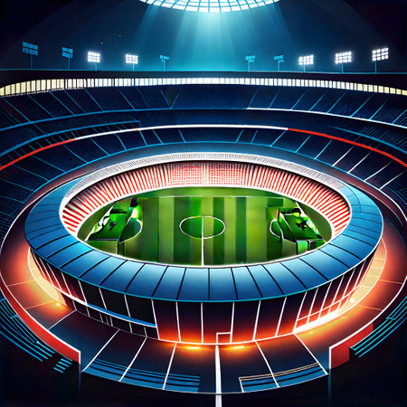 Football stadium with grass fieldの素材