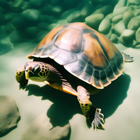 Turtles with shells swim in the seaの素材
