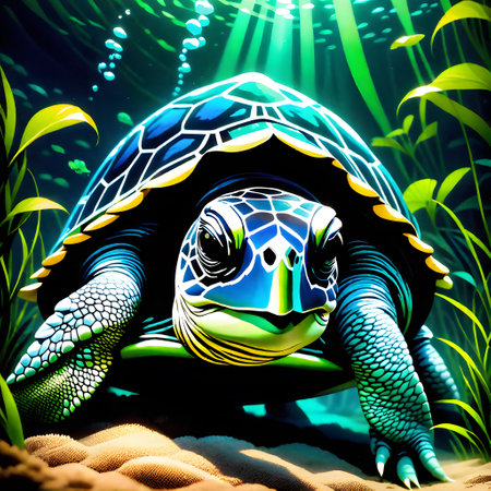 Turtles with shells swim in the seaの素材