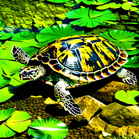 Turtles with shells swim in the seaの素材