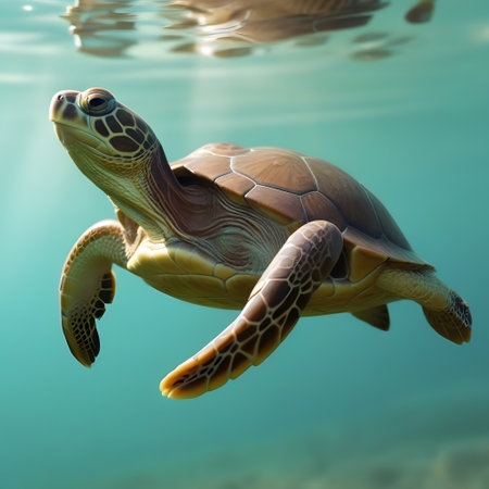 Turtles with shells swim in the seaの素材