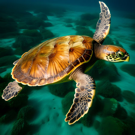 Turtles with shells swim in the seaの素材