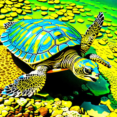 Turtles with shells swim in the seaの素材