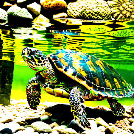 Turtles with shells swim in the seaの素材