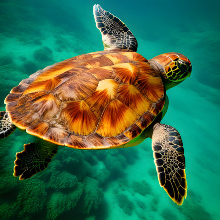 Turtles with shells swim in the seaの素材