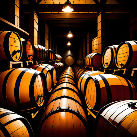 Storage with wooden wine barrels in the cellarの素材