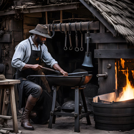 Blacksmith takes red-hot iron out of the fire to shape itの素材