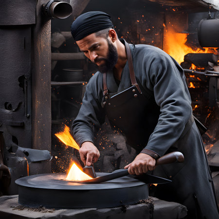Blacksmith takes red-hot iron out of the fire to shape itの素材