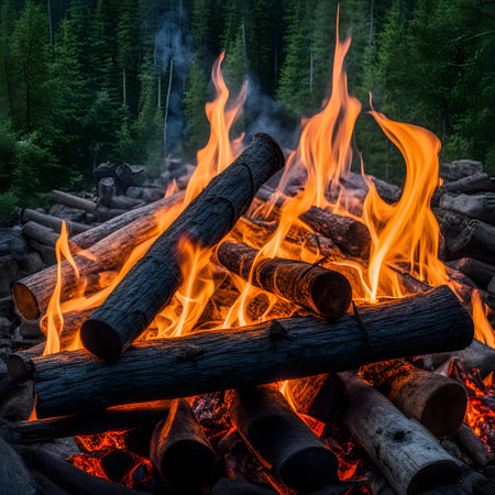 Campfire in the forest while campingの素材