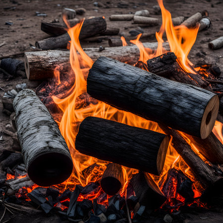 Campfire in the forest while campingの素材