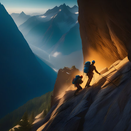 Mountaineers climb with ropes on a steep slopeの素材